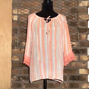 Robert Louis peasant blouse coral white vertical stripes elastic neckline L